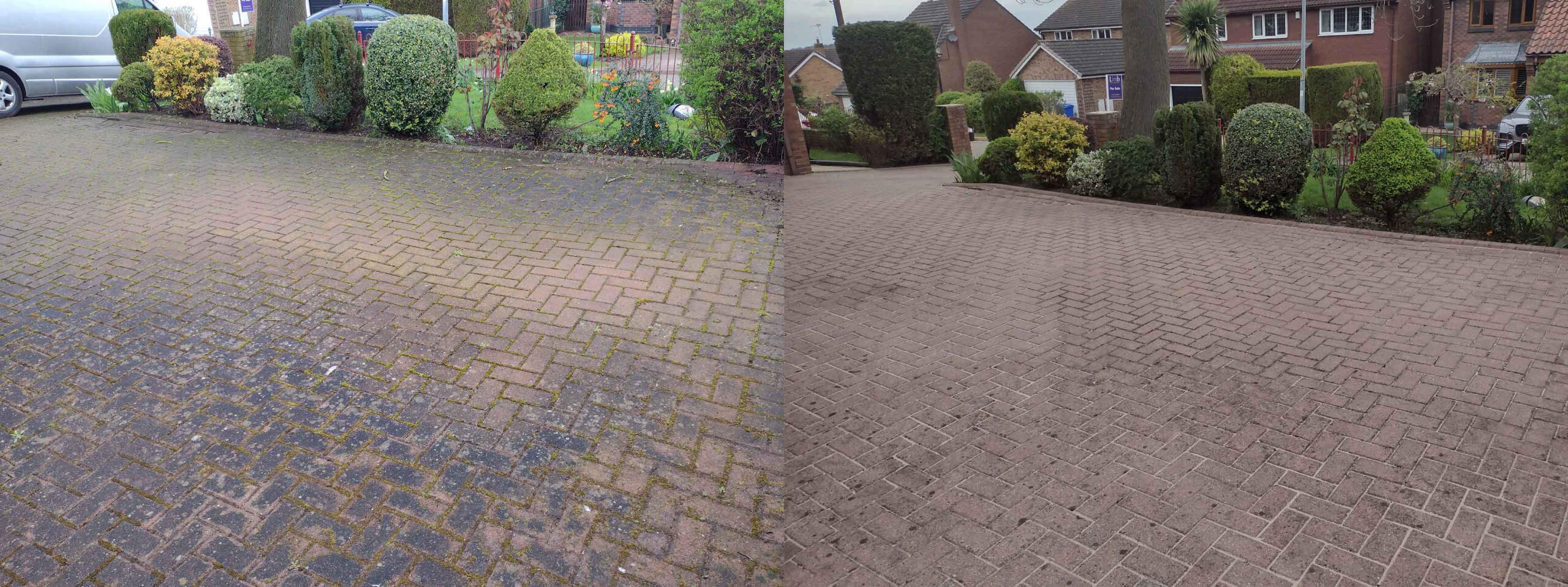 Before and after a jet washed driveway, with sand brushed in afterwards.